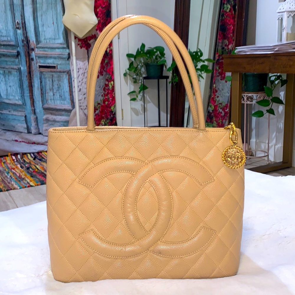 Authentic Chanel Caviar Quilted Medallion Tote Bag Beige